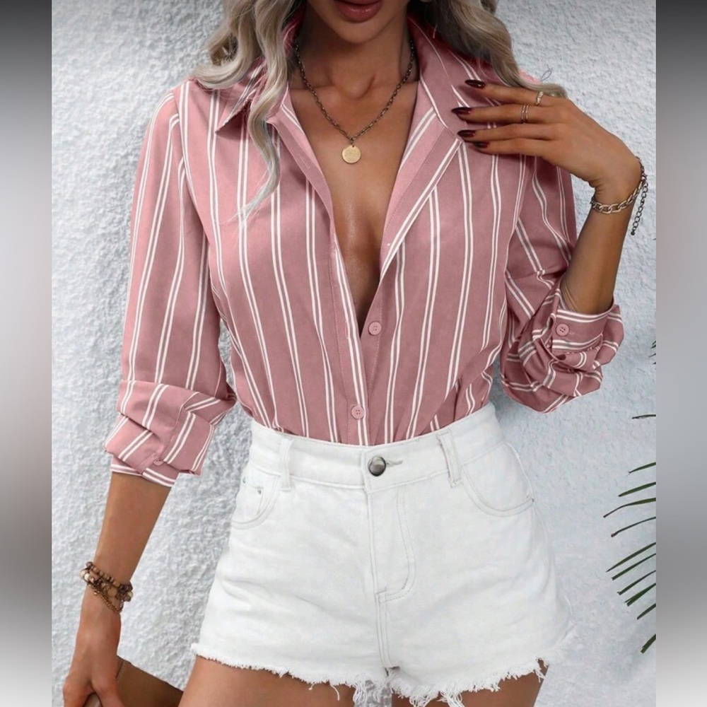 Classic Striped Blouse Button Up Down Shirt Top Blouse Dusty Pink